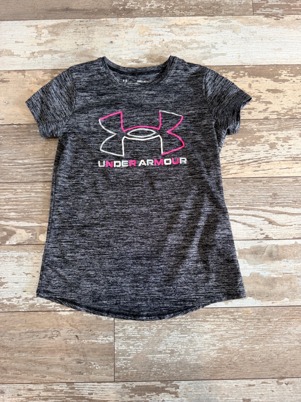 Under Armour Girls' Black Heather Tech T-Shirt with Pink Logo Size Youth Medium